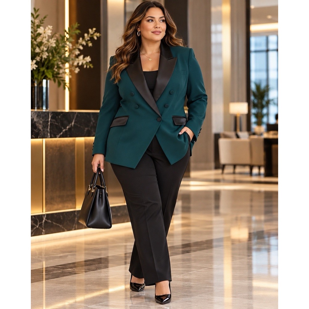 City Chic Size M 18 Teal Tuxedo Blazer Black Satin Lapel Double Breasted